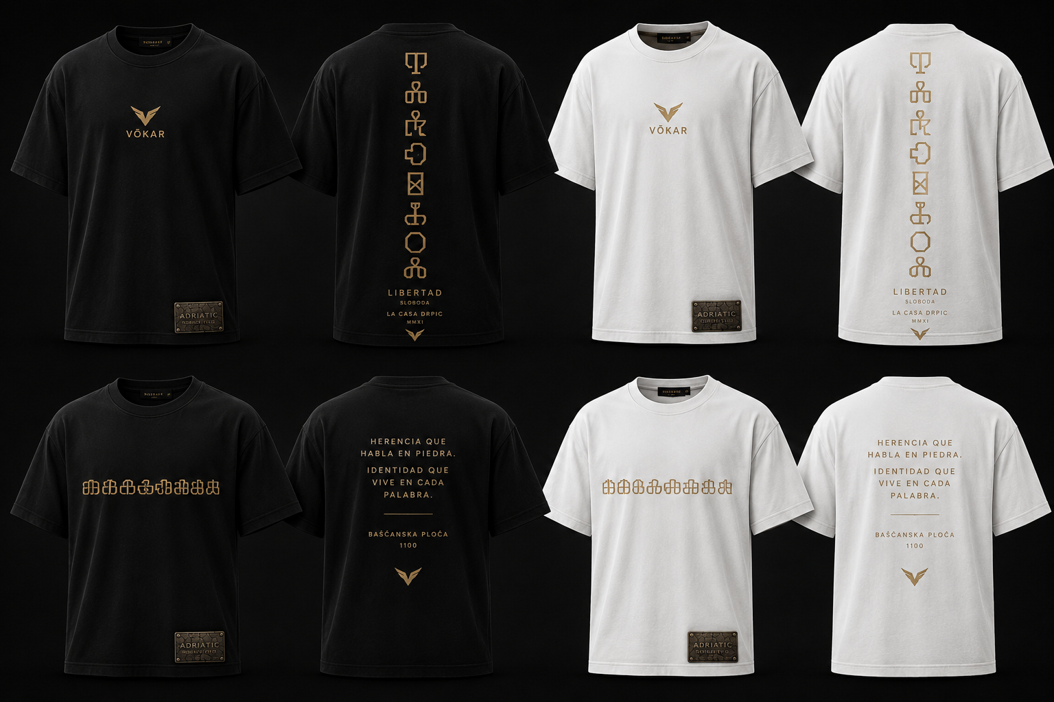 VŌKAR polera terminada con diseño glagolítico