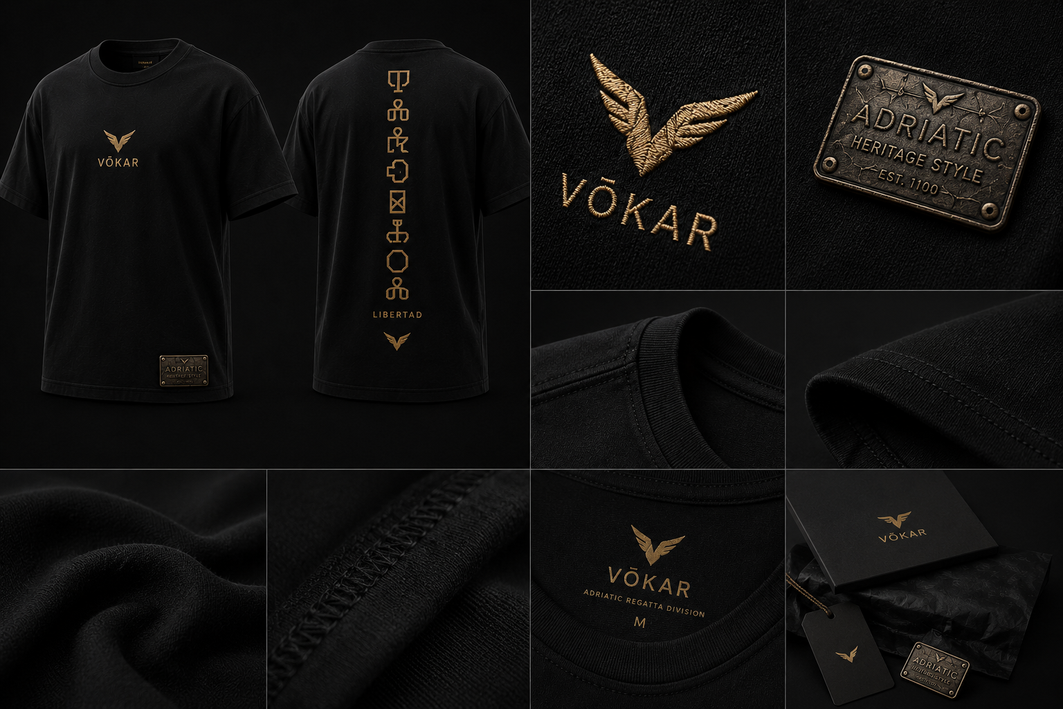 Detalles de prenda VŌKAR: bordado, placa, costuras y etiqueta